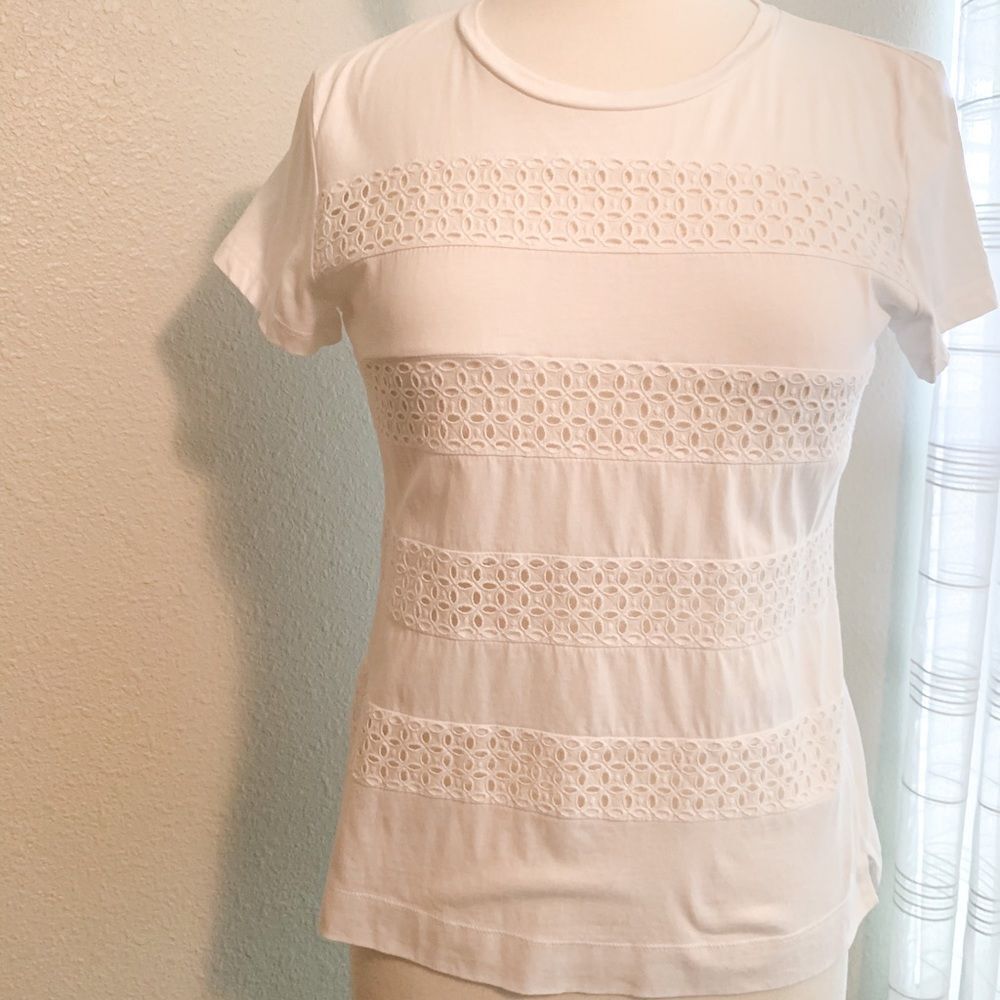 Ann Taylor white short sleeve eyelet tee